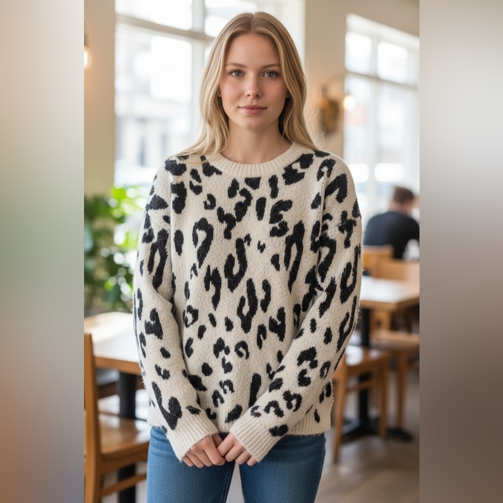 Something Navy Leopard Knitted Sweater Size Small